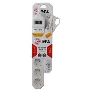 USF-5es-1.5m-USB-W Сетевой фильтр ЭРА (белый) с заземл, 3x0,75мм2, с выкл, 5гн+2USB, 1.5м - купить в Челябинске